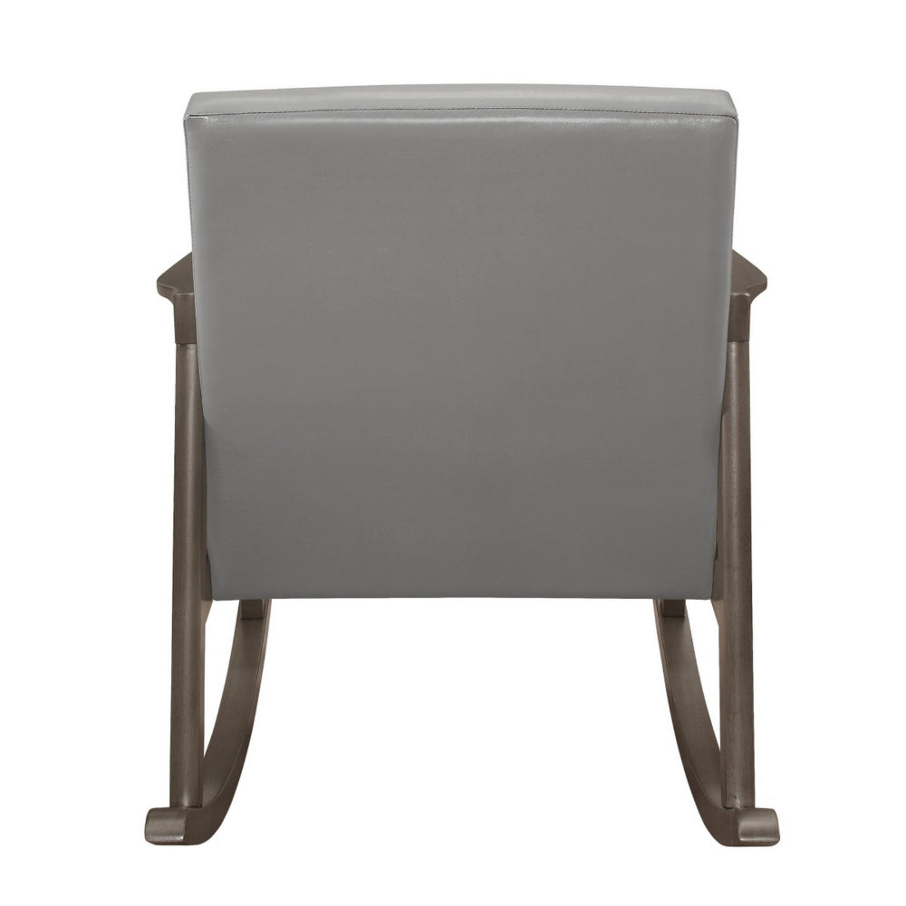 Benjara Ciao 37 Inch Rocking Chair Armchair, Light Gray Faux Leather, Solid Wood