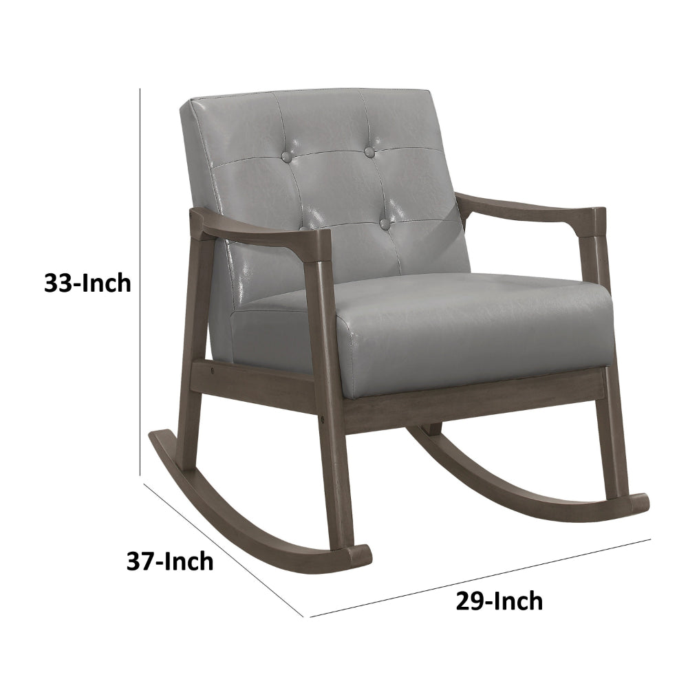 Benjara Ciao 37 Inch Rocking Chair Armchair, Light Gray Faux Leather, Solid Wood