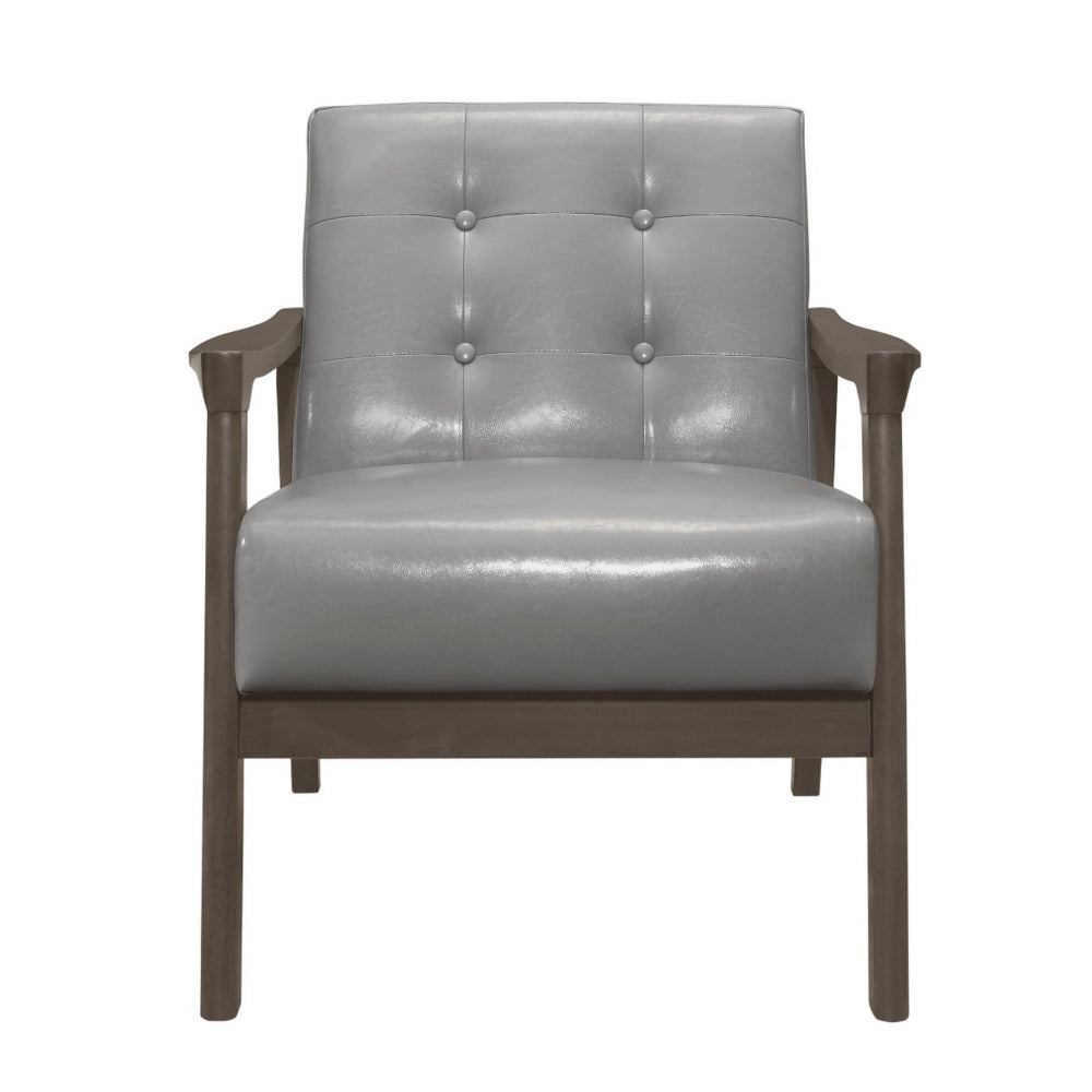 Benjara Aly 31 Inch Accent Chair Armchair, Gray Faux Leather, Brown Solid Wood