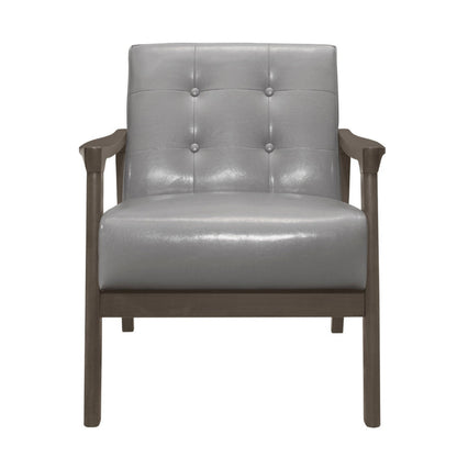 Benjara Aly 31 Inch Accent Chair Armchair, Gray Faux Leather, Brown Solid Wood
