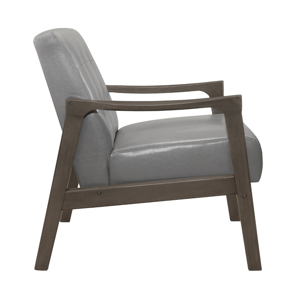 Benjara Aly 31 Inch Accent Chair Armchair, Gray Faux Leather, Brown Solid Wood