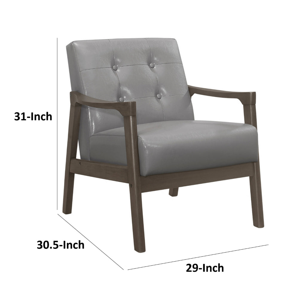 Benjara Aly 31 Inch Accent Chair Armchair, Gray Faux Leather, Brown Solid Wood