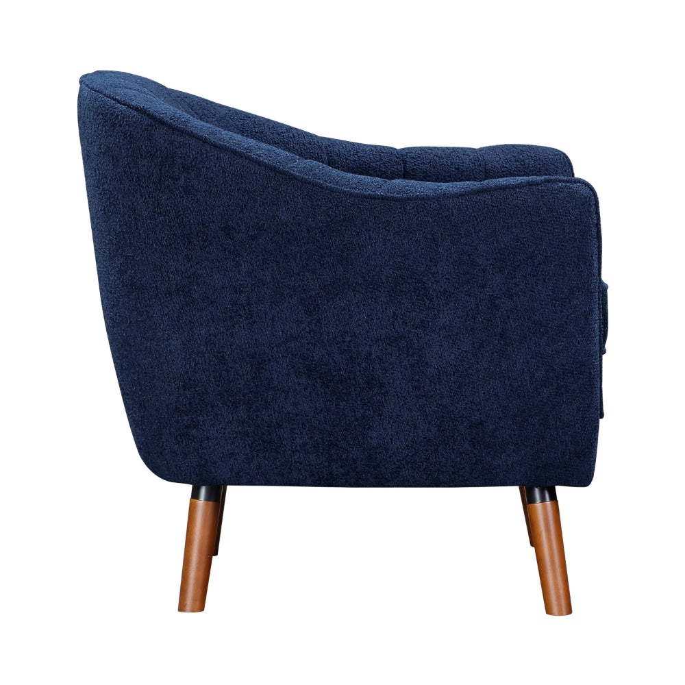 Benjara Tia 31 Inch Plush Accent Chair Armchair, Blue Polyester, Brown Solid Wood