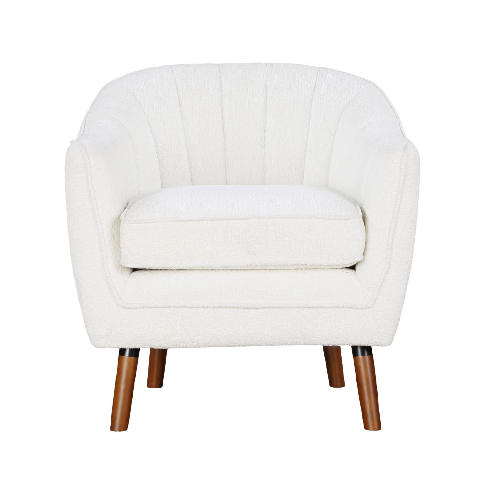 Benjara Tia 31 Inch Plush Accent Chair Armchair, White Polyester, Brown Solid Wood