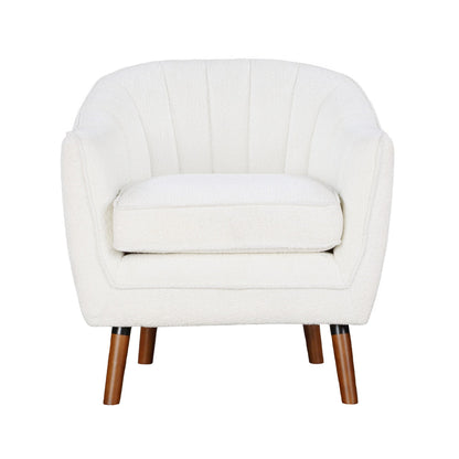 Benjara Tia 31 Inch Plush Accent Chair Armchair, White Polyester, Brown Solid Wood