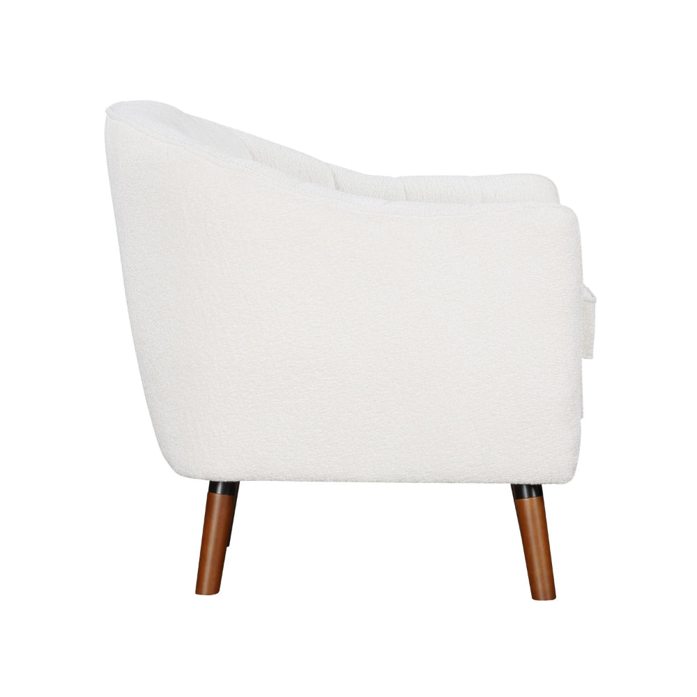 Benjara Tia 31 Inch Plush Accent Chair Armchair, White Polyester, Brown Solid Wood