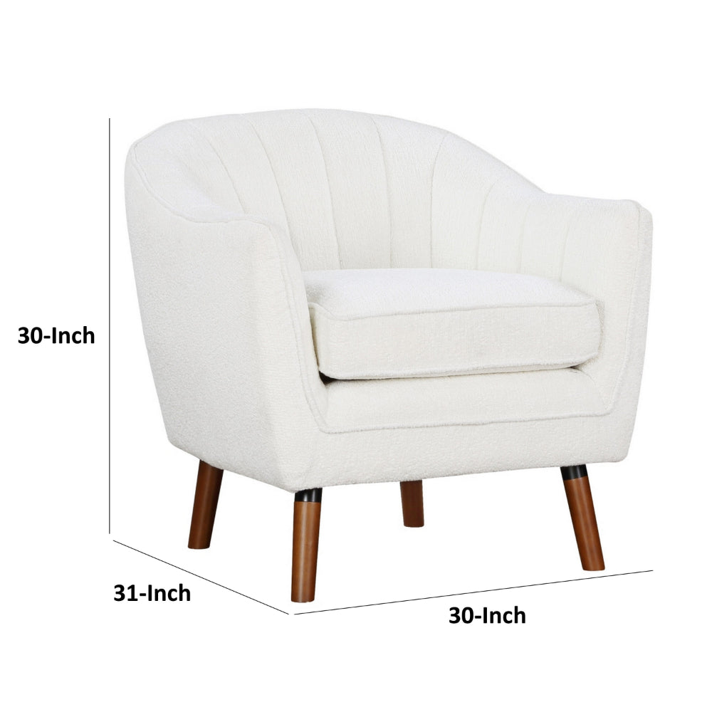 Benjara Tia 31 Inch Plush Accent Chair Armchair, White Polyester, Brown Solid Wood
