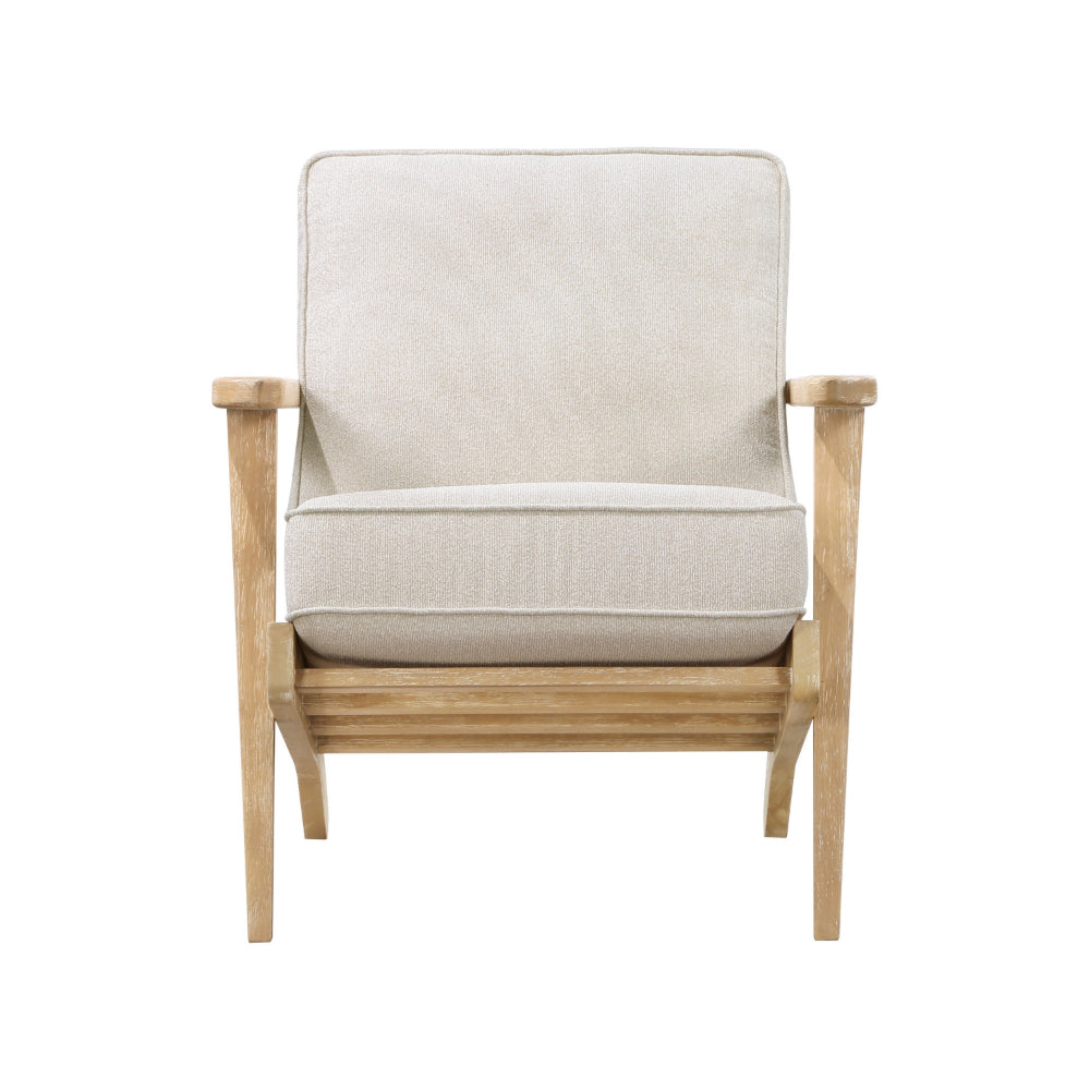 Benjara 36 Inch Accent Chair Armchair, Beige Chenille, Weathered Solid Rubberwood