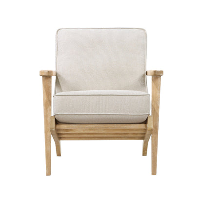 Benjara 36 Inch Accent Chair Armchair, Beige Chenille, Weathered Solid Rubberwood