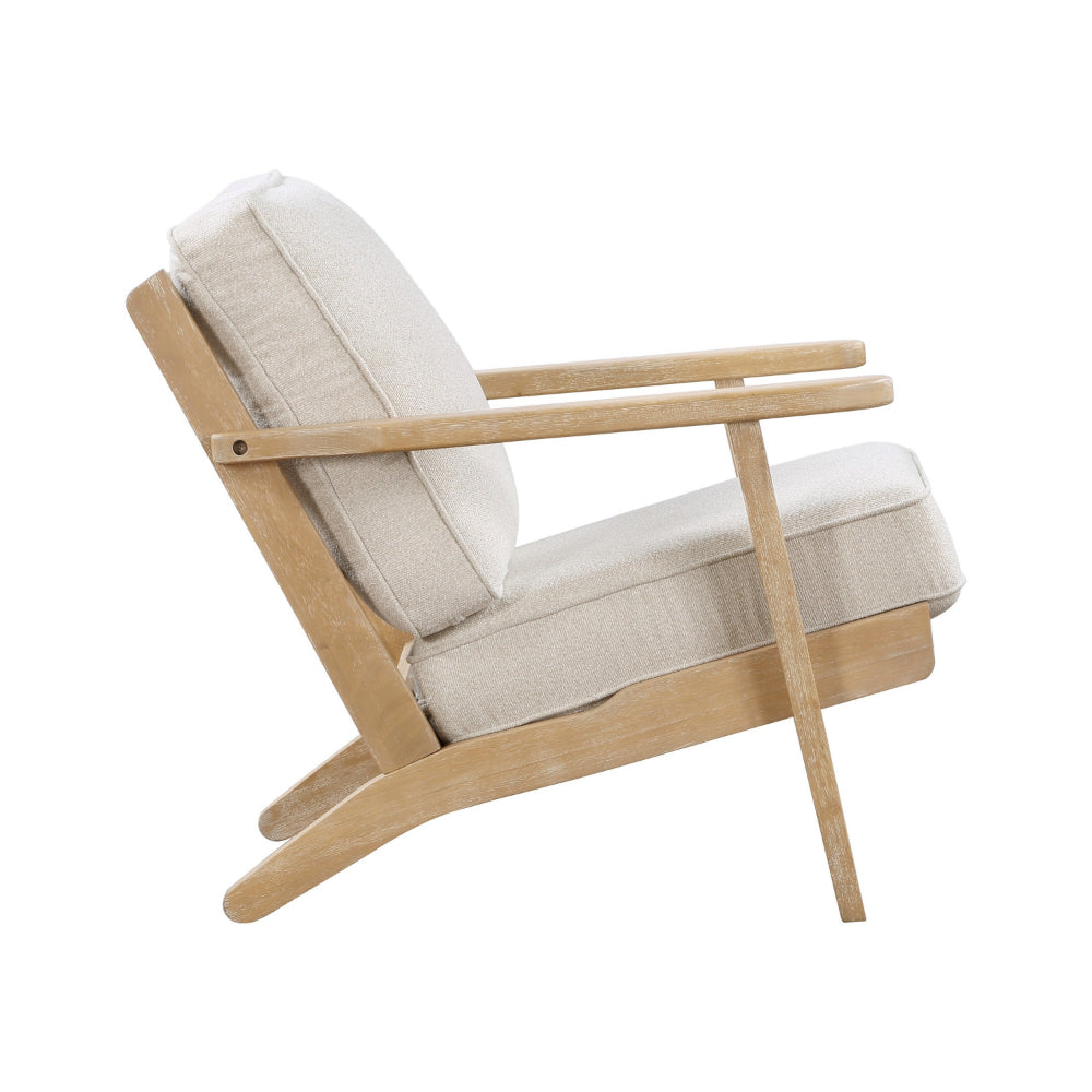 Benjara 36 Inch Accent Chair Armchair, Beige Chenille, Weathered Solid Rubberwood