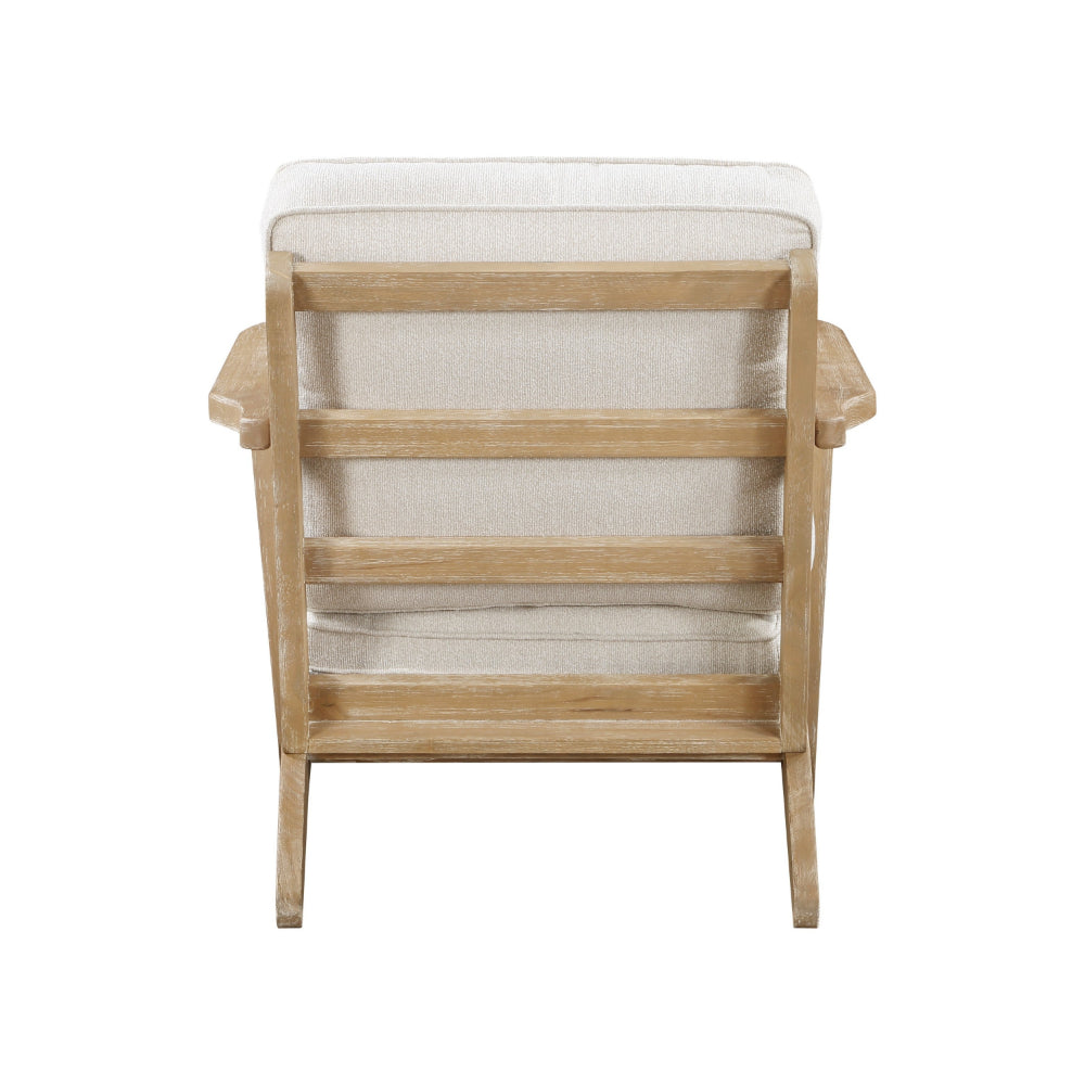 Benjara 36 Inch Accent Chair Armchair, Beige Chenille, Weathered Solid Rubberwood