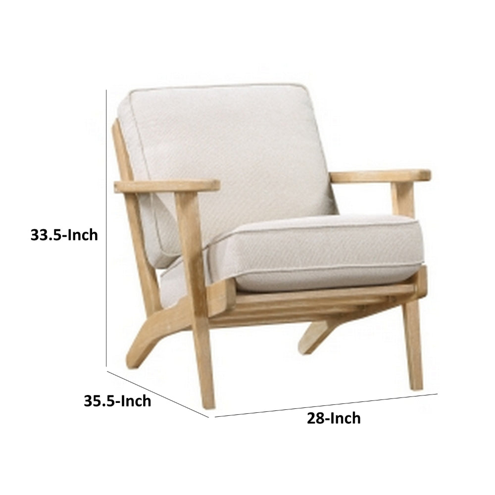 Benjara 36 Inch Accent Chair Armchair, Beige Chenille, Weathered Solid Rubberwood
