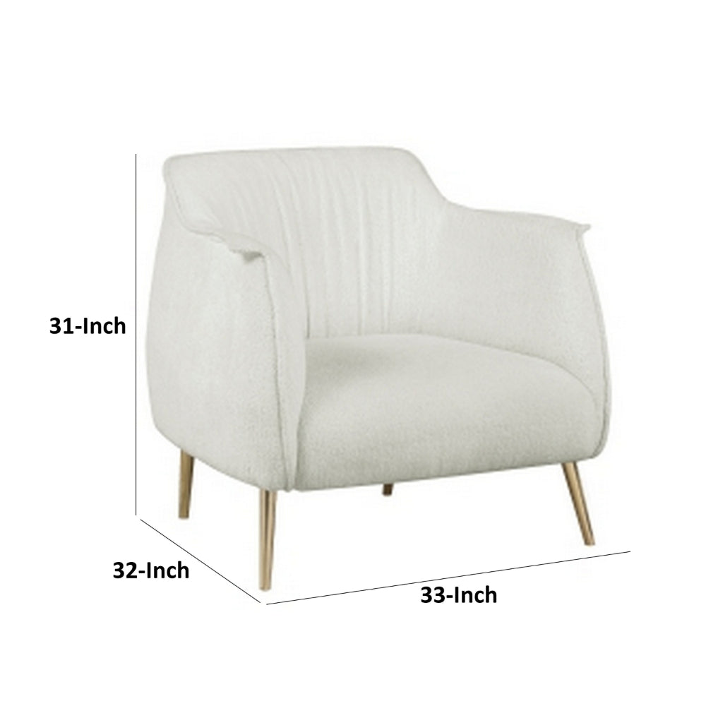 Benjara 33 Inch Accent Chair Armchair, Soft White Boucle, Gold Metal, Solid Wood
