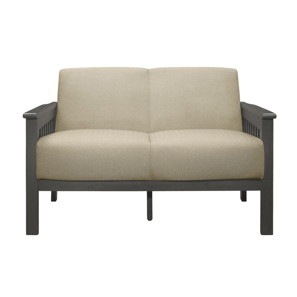 Benjara Wiston 50 Inch Loveseat, Beige Polyester, Dark Gray Solid Rubberwood