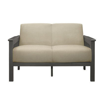 Benjara Wiston 50 Inch Loveseat, Beige Polyester, Dark Gray Solid Rubberwood