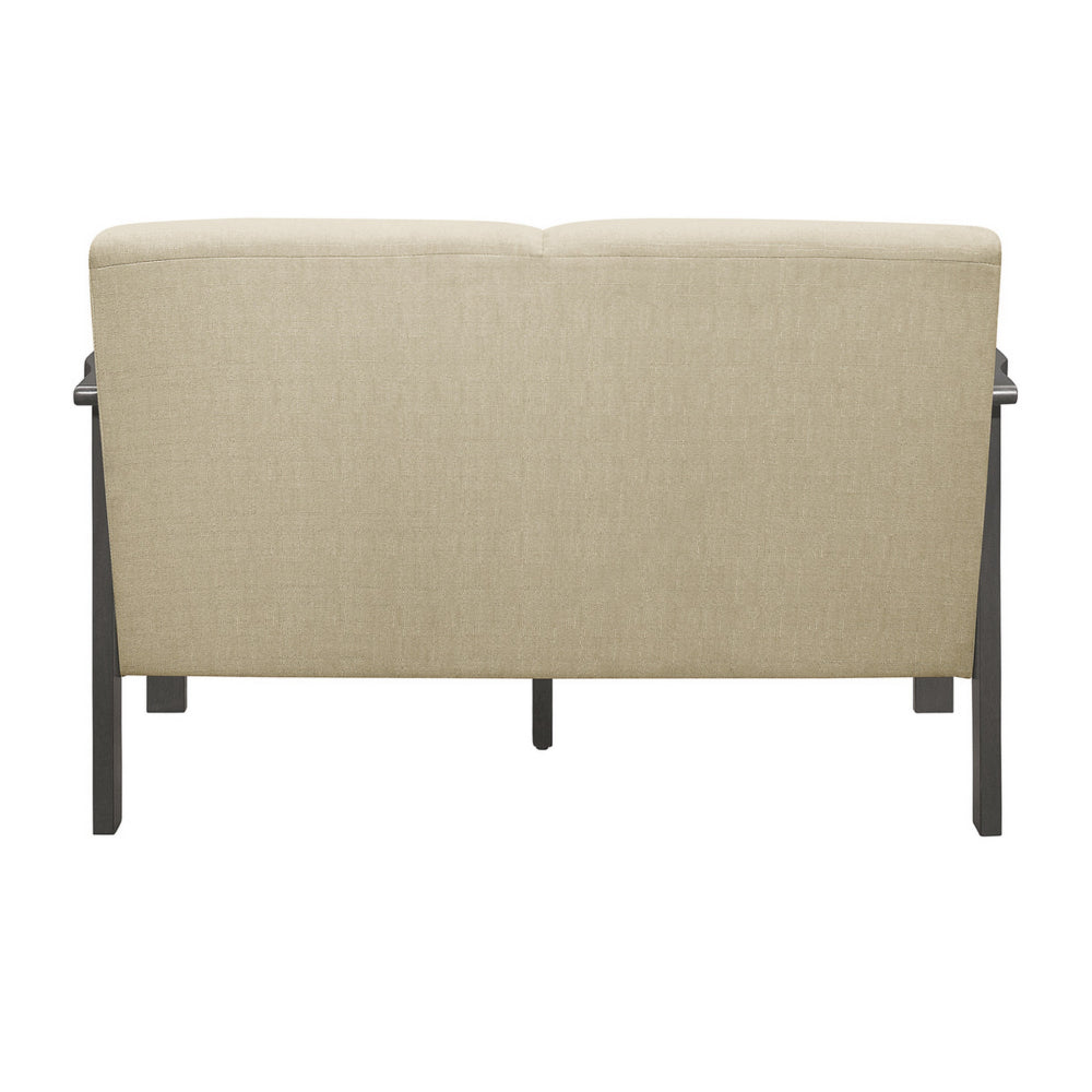 Benjara Wiston 50 Inch Loveseat, Beige Polyester, Dark Gray Solid Rubberwood
