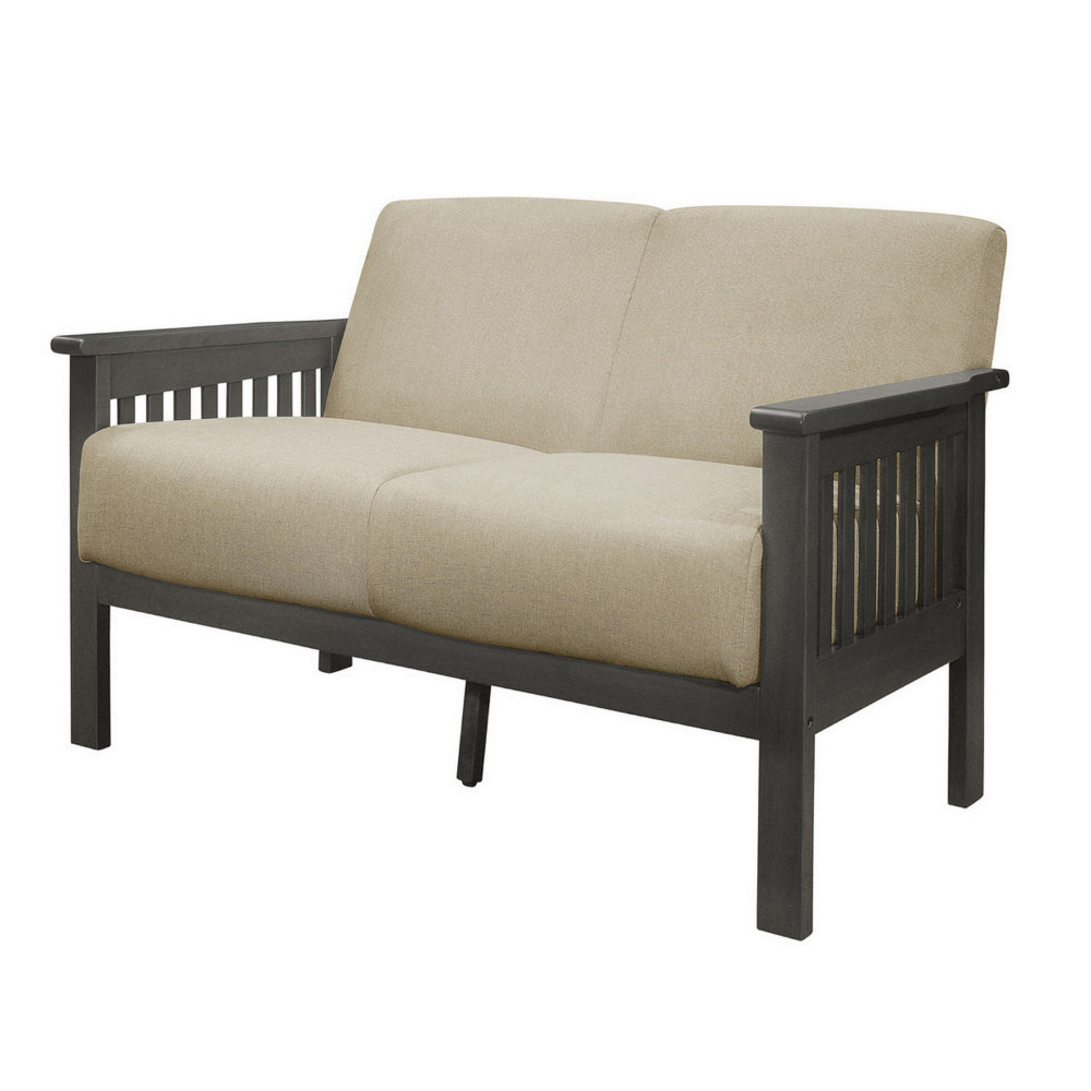 Benjara Wiston 50 Inch Loveseat, Beige Polyester, Dark Gray Solid Rubberwood