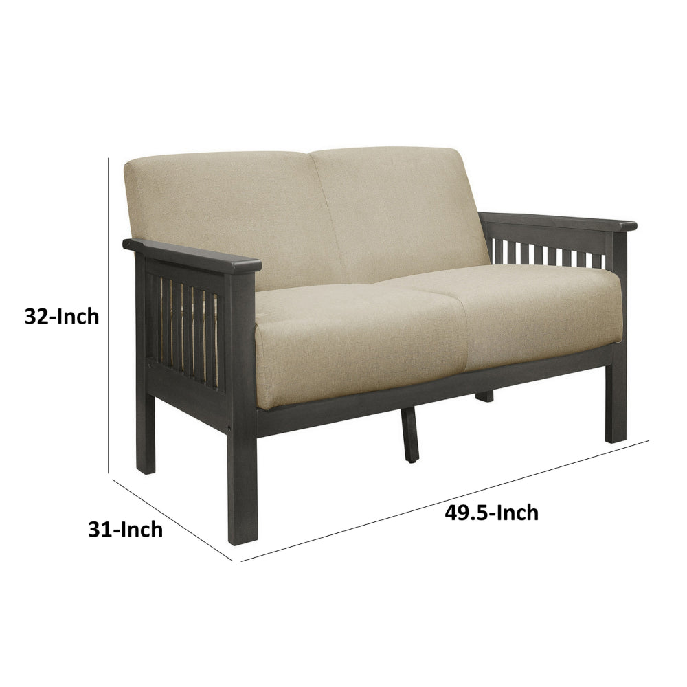 Benjara Wiston 50 Inch Loveseat, Beige Polyester, Dark Gray Solid Rubberwood