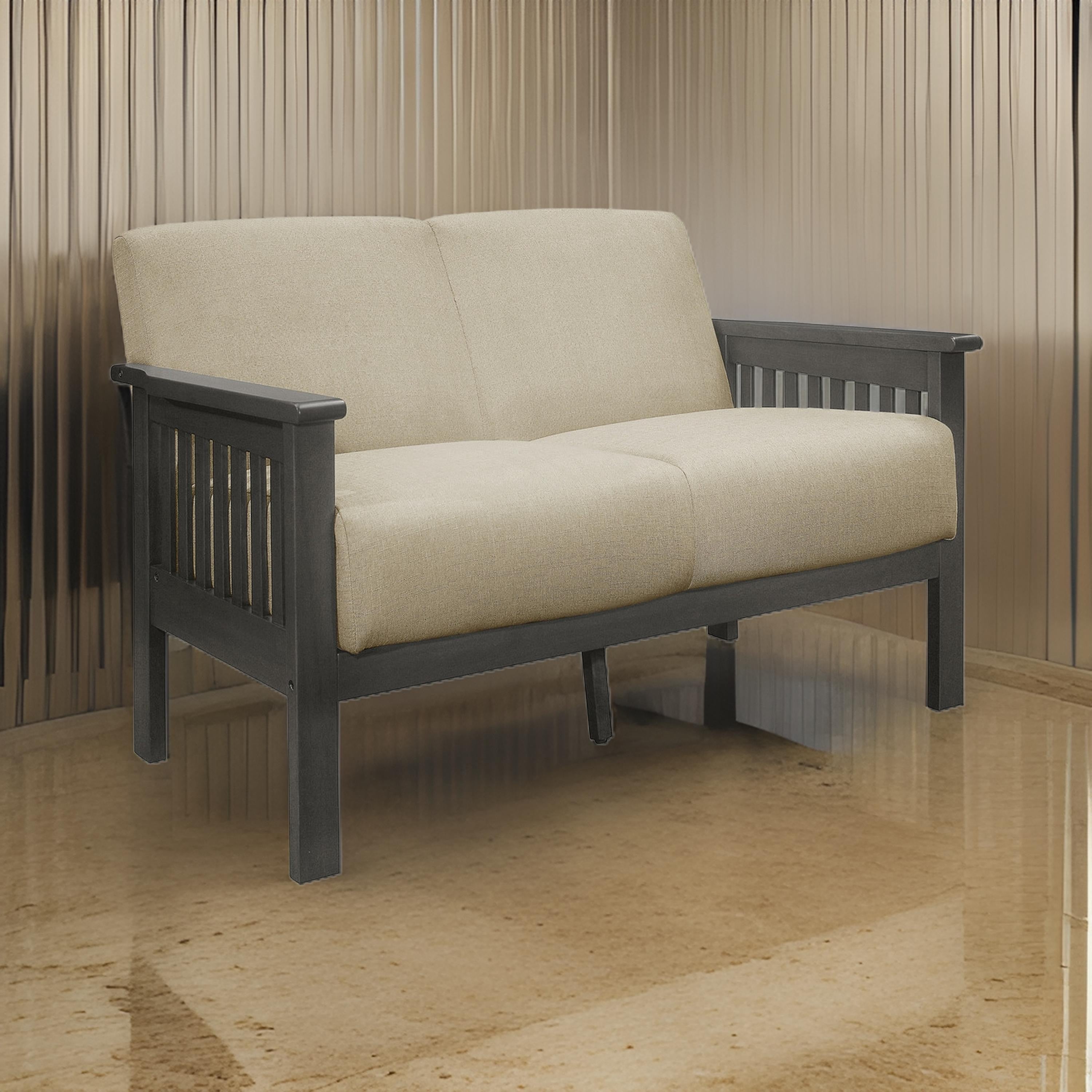 Benjara Wiston 50 Inch Loveseat, Beige Polyester, Dark Gray Solid Rubberwood