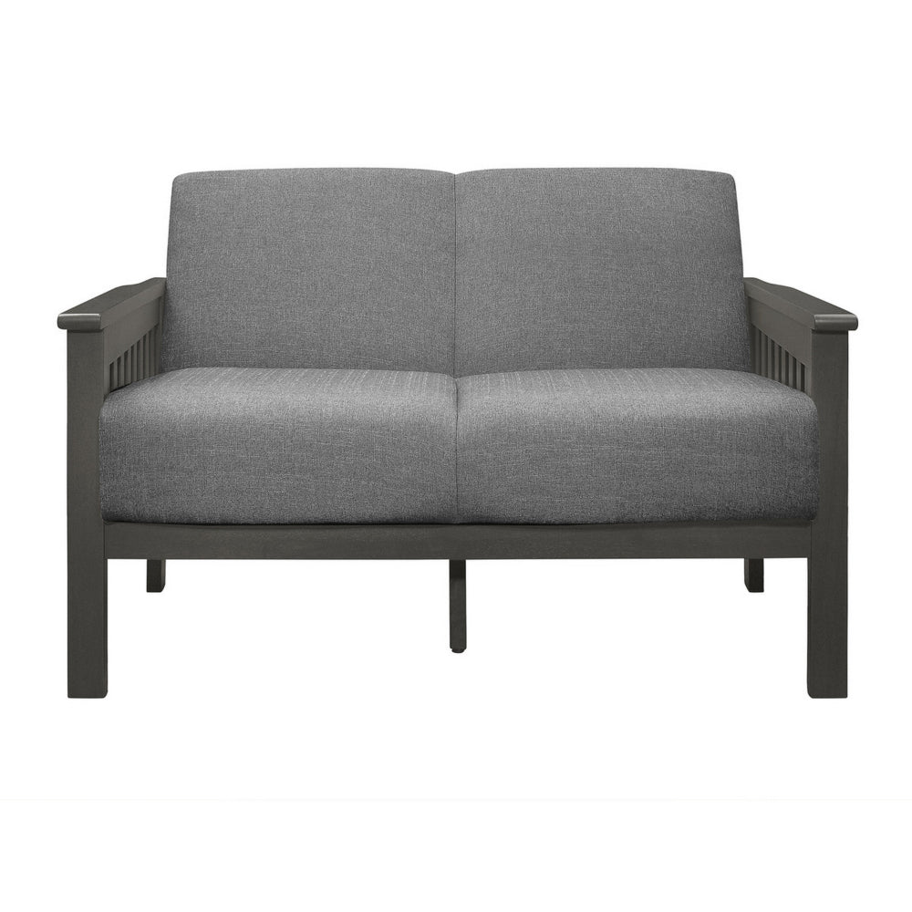 Benjara Wiston 50 Inch Loveseat, Gray Polyester, Dark Gray Solid Rubberwood