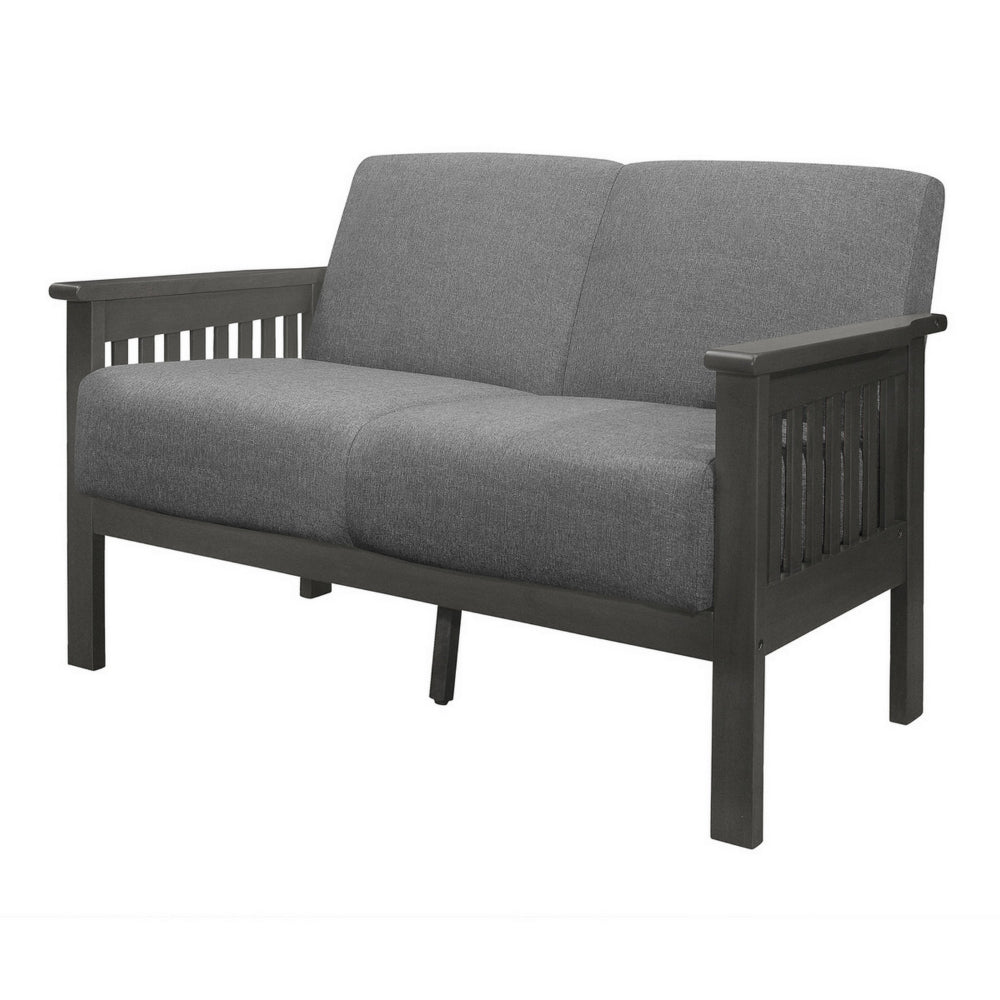 Benjara Wiston 50 Inch Loveseat, Gray Polyester, Dark Gray Solid Rubberwood