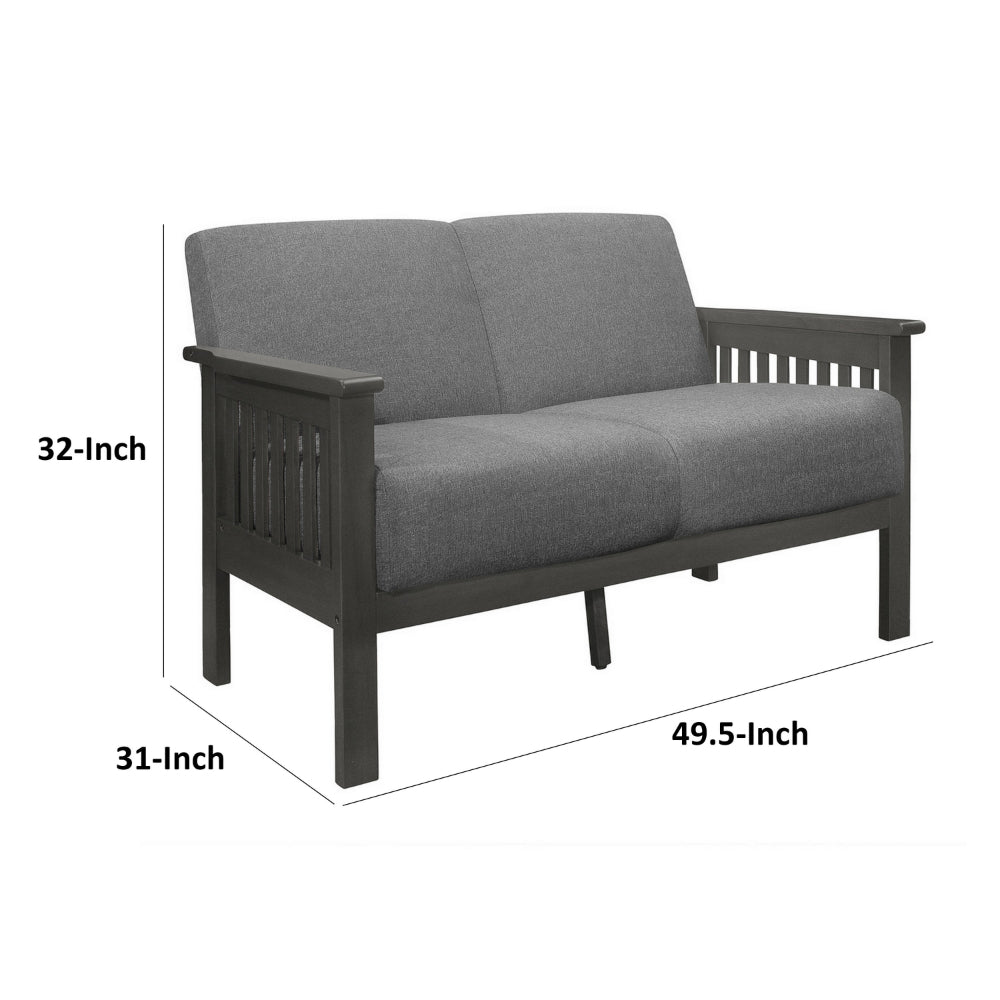 Benjara Wiston 50 Inch Loveseat, Gray Polyester, Dark Gray Solid Rubberwood