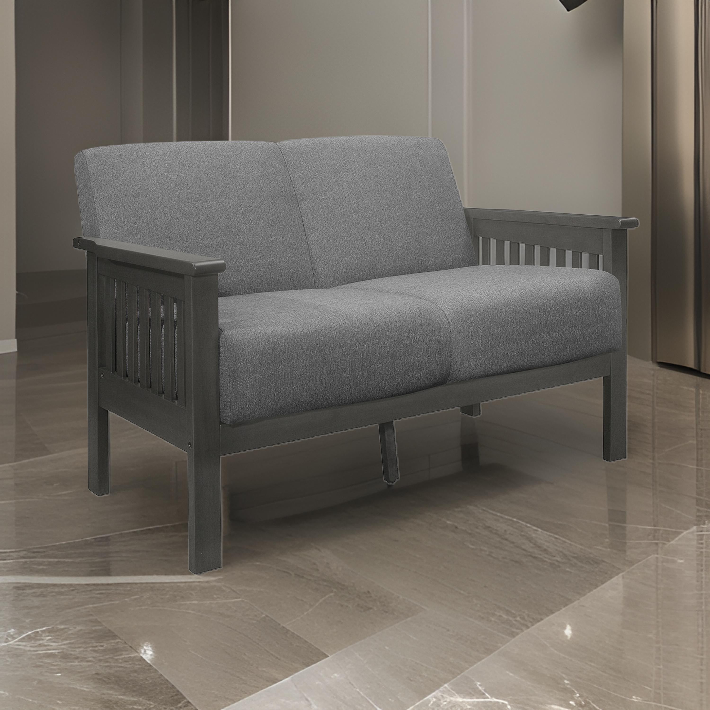 Benjara Wiston 50 Inch Loveseat, Gray Polyester, Dark Gray Solid Rubberwood