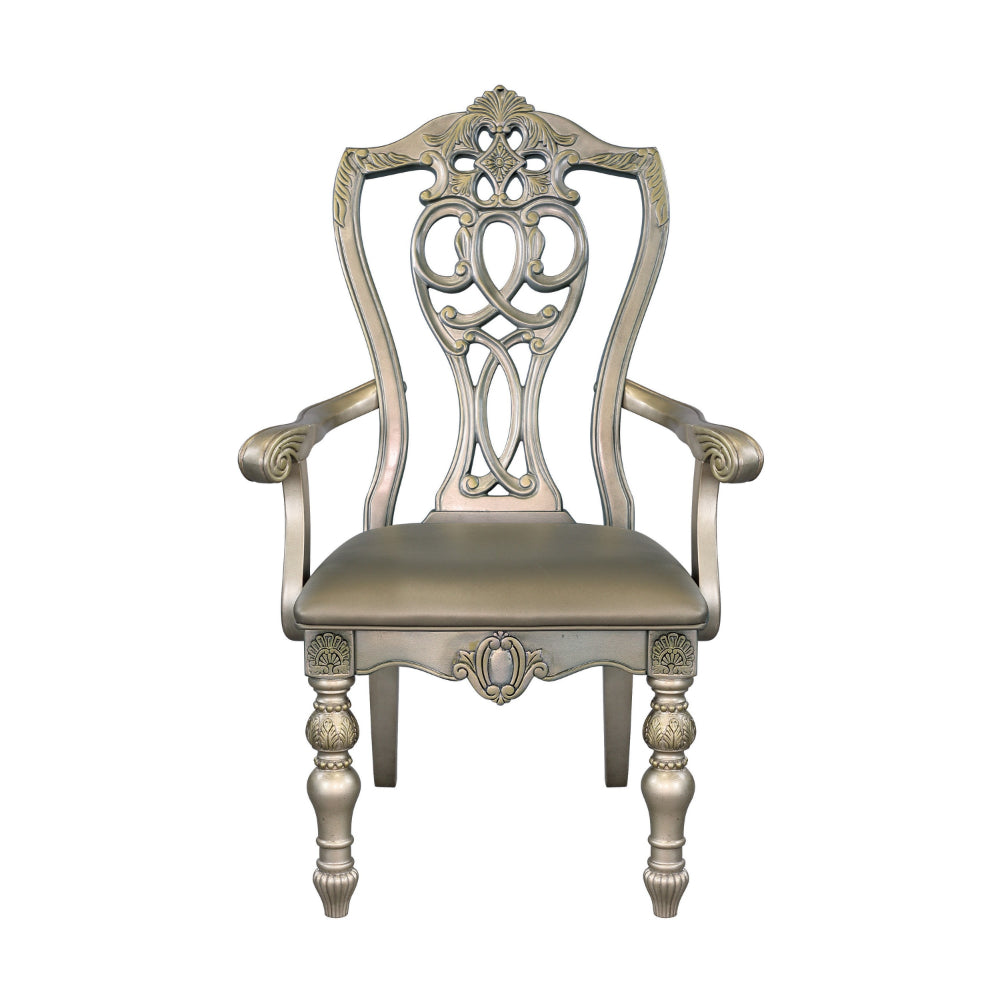 Benjara Lumi 28 Inch Dining Armchair, Set of 2, Faux Leather, Wood, Platinum Gold Finish