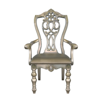Benjara Lumi 28 Inch Dining Armchair, Set of 2, Faux Leather, Wood, Platinum Gold Finish
