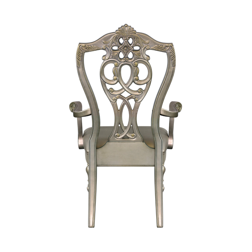 Benjara Lumi 28 Inch Dining Armchair, Set of 2, Faux Leather, Wood, Platinum Gold Finish