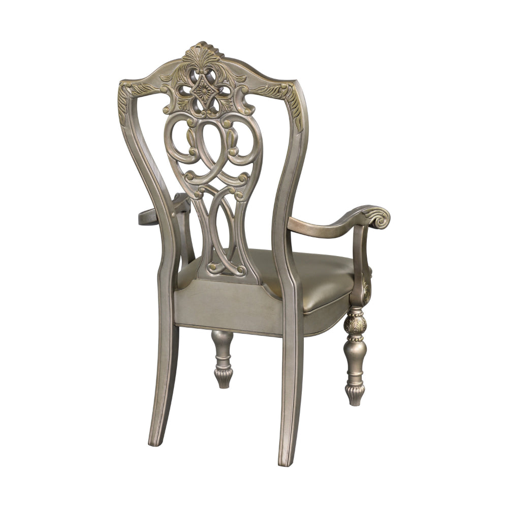 Benjara Lumi 28 Inch Dining Armchair, Set of 2, Faux Leather, Wood, Platinum Gold Finish