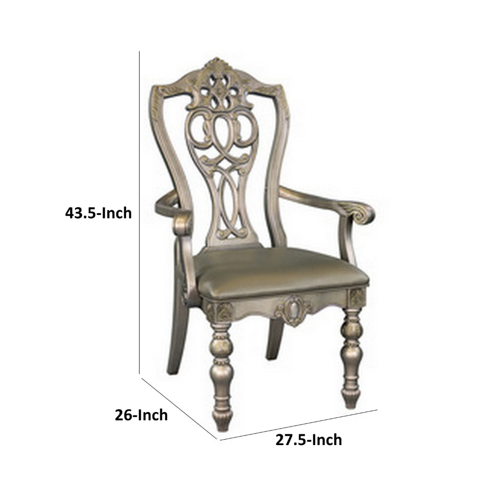 Benjara Lumi 28 Inch Dining Armchair, Set of 2, Faux Leather, Wood, Platinum Gold Finish