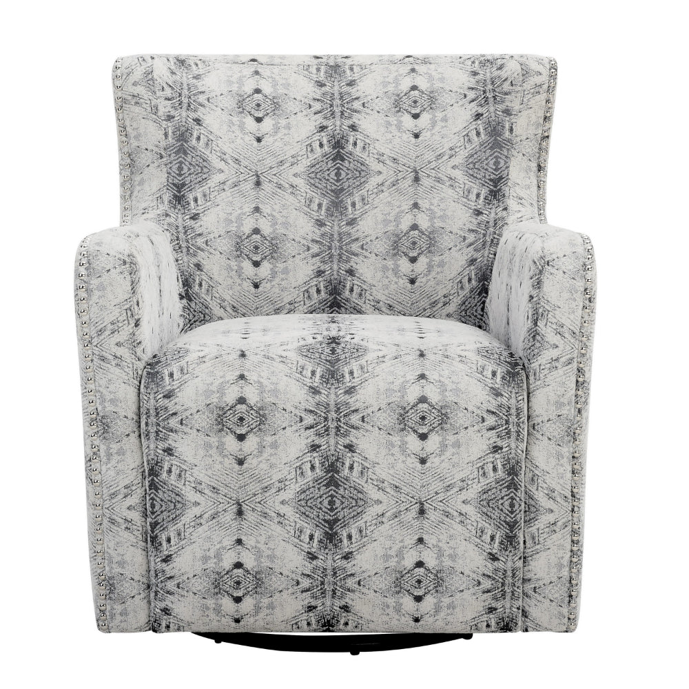 Benjara 32 Inch Swivel Accent Chair, Gray Black Patterned Polyester, Solid Wood
