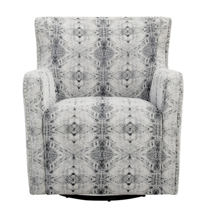 Benjara 32 Inch Swivel Accent Chair, Gray Black Patterned Polyester, Solid Wood