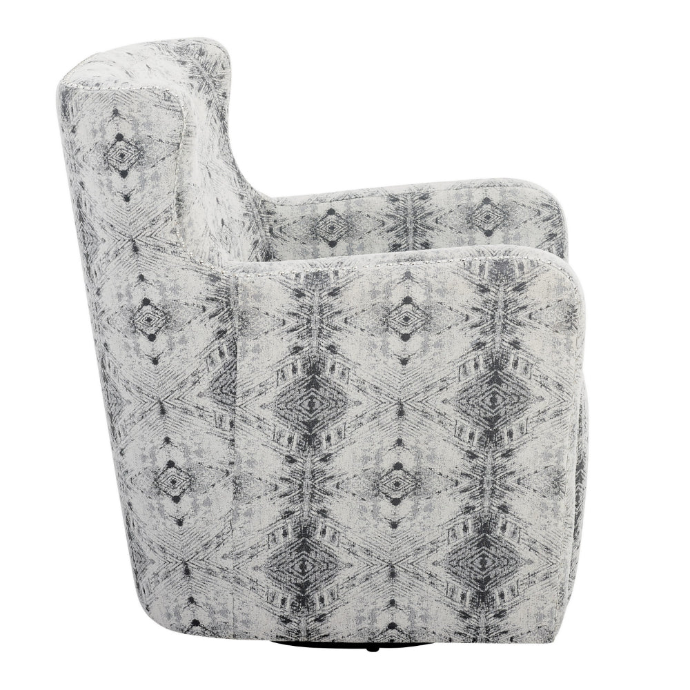 Benjara 32 Inch Swivel Accent Chair, Gray Black Patterned Polyester, Solid Wood