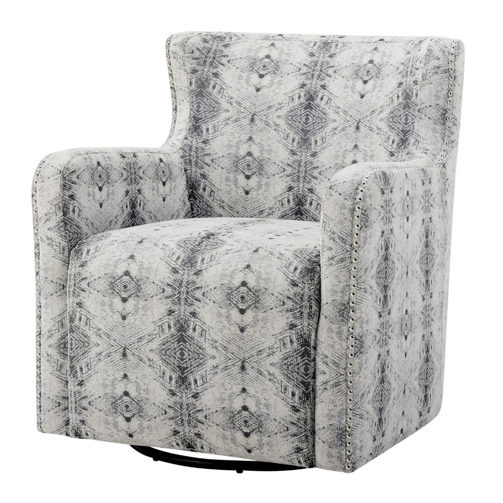 Benjara 32 Inch Swivel Accent Chair, Gray Black Patterned Polyester, Solid Wood
