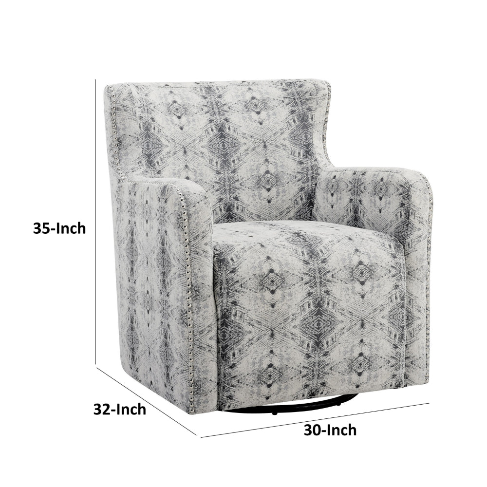 Benjara 32 Inch Swivel Accent Chair, Gray Black Patterned Polyester, Solid Wood