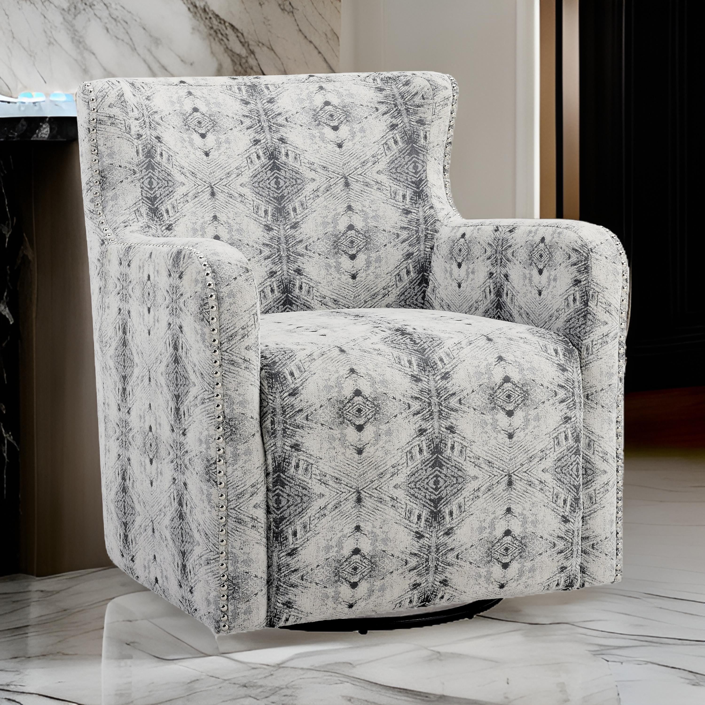 Benjara 32 Inch Swivel Accent Chair, Gray Black Patterned Polyester, Solid Wood