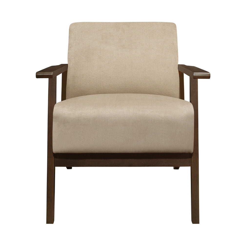 Benjara Rica 32 Inch Accent Armchair, Soft Beige Velvet, Walnut Brown Solid Wood