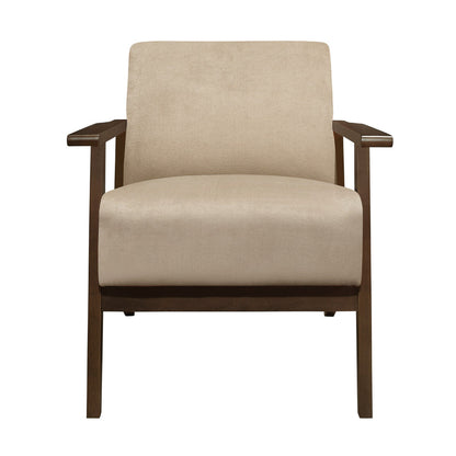 Benjara Rica 32 Inch Accent Armchair, Soft Beige Velvet, Walnut Brown Solid Wood
