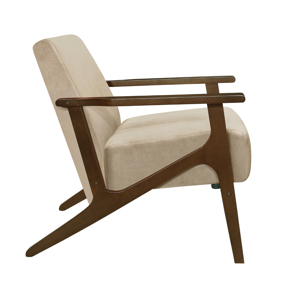 Benjara Rica 32 Inch Accent Armchair, Soft Beige Velvet, Walnut Brown Solid Wood