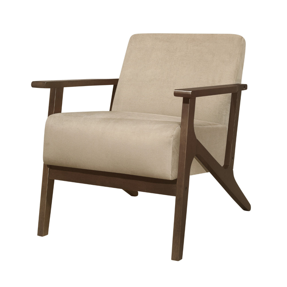 Benjara Rica 32 Inch Accent Armchair, Soft Beige Velvet, Walnut Brown Solid Wood