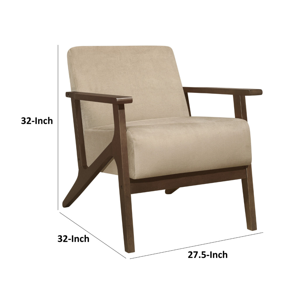 Benjara Rica 32 Inch Accent Armchair, Soft Beige Velvet, Walnut Brown Solid Wood
