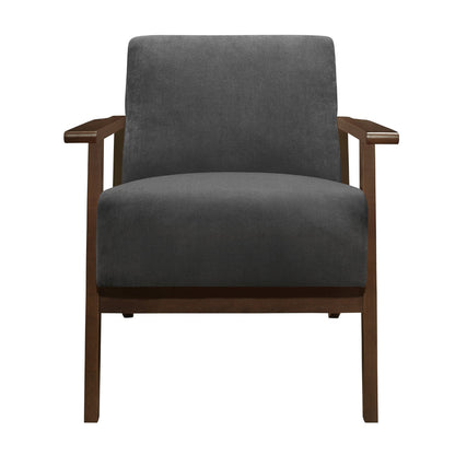 Benjara Rica 32 Inch Accent Armchair, Dark Gray Velvet, Walnut Brown Solid Wood