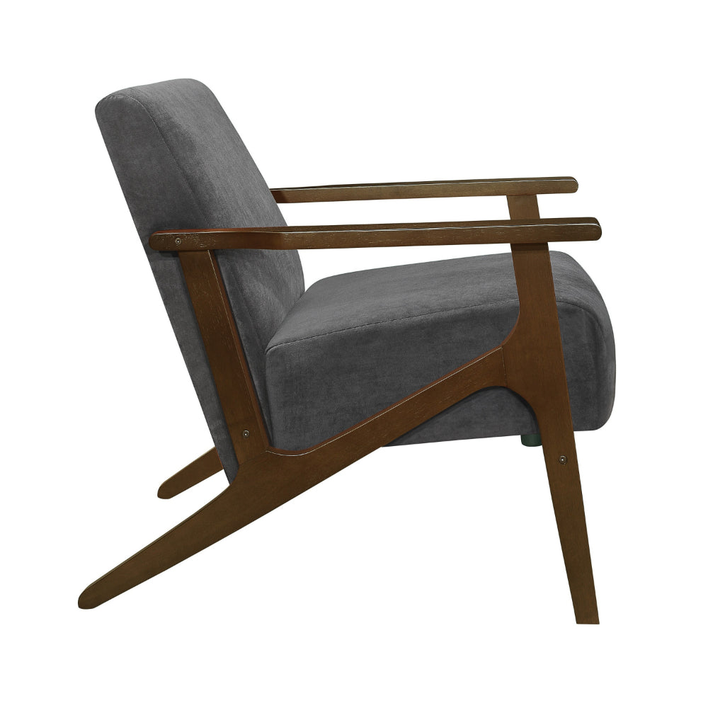 Benjara Rica 32 Inch Accent Armchair, Dark Gray Velvet, Walnut Brown Solid Wood