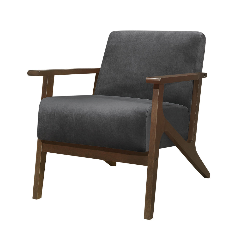 Benjara Rica 32 Inch Accent Armchair, Dark Gray Velvet, Walnut Brown Solid Wood