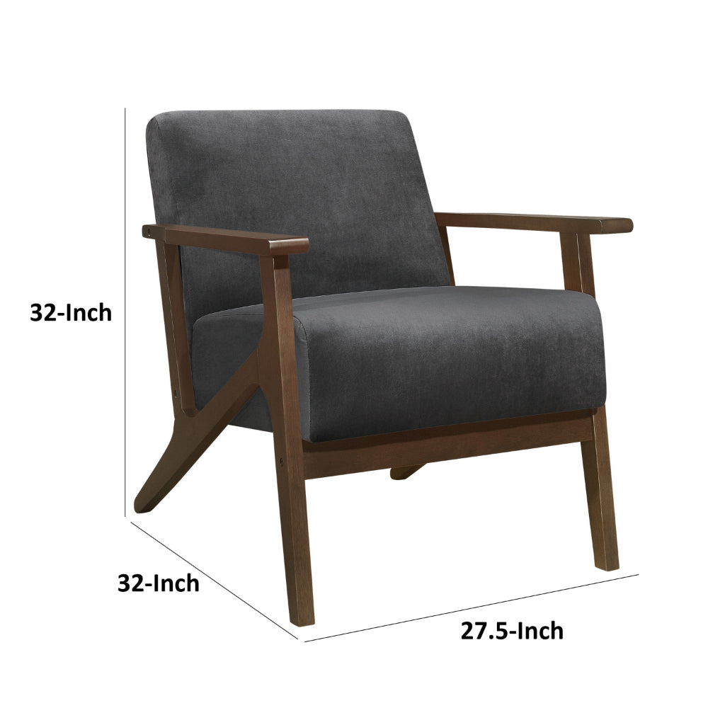 Benjara Rica 32 Inch Accent Armchair, Dark Gray Velvet, Walnut Brown Solid Wood