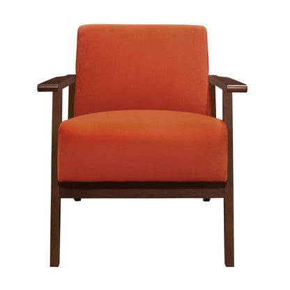 Benjara Rica 32 Inch Accent Armchair, Soft Orange Velvet, Walnut Brown Solid Wood