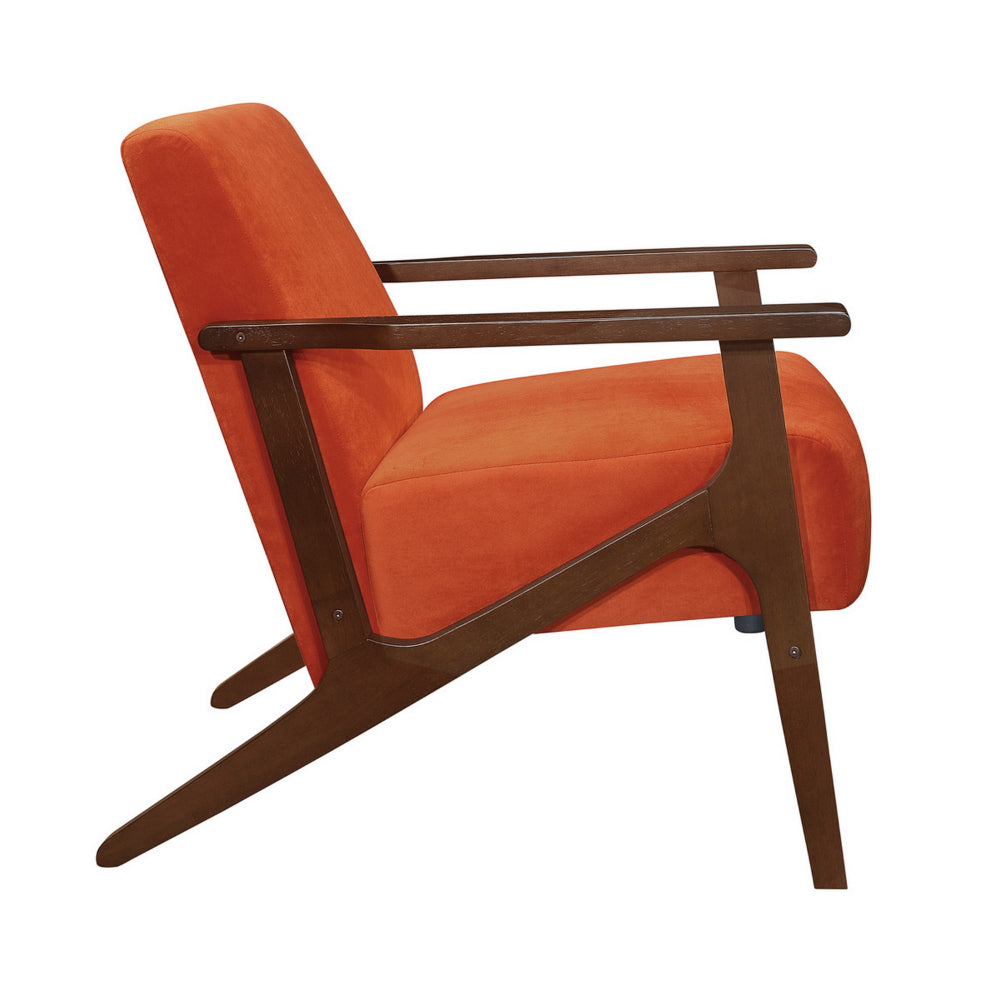 Benjara Rica 32 Inch Accent Armchair, Soft Orange Velvet, Walnut Brown Solid Wood
