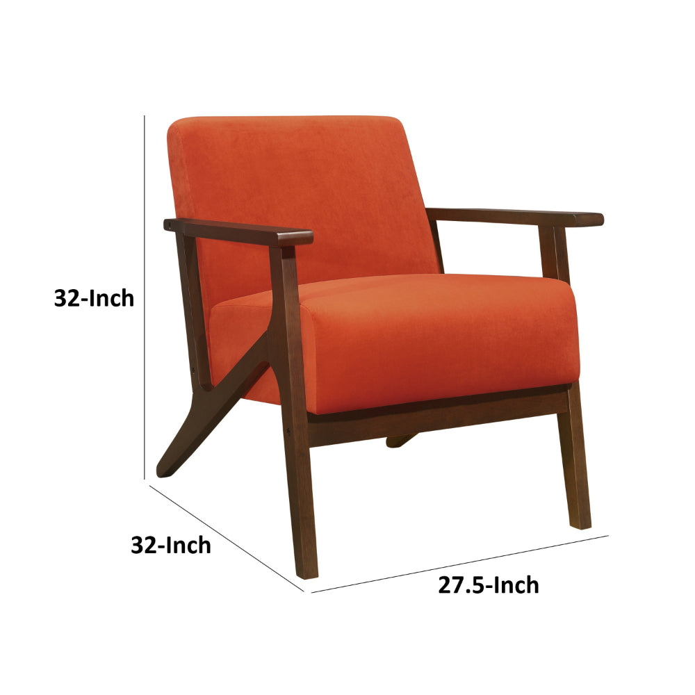 Benjara Rica 32 Inch Accent Armchair, Soft Orange Velvet, Walnut Brown Solid Wood